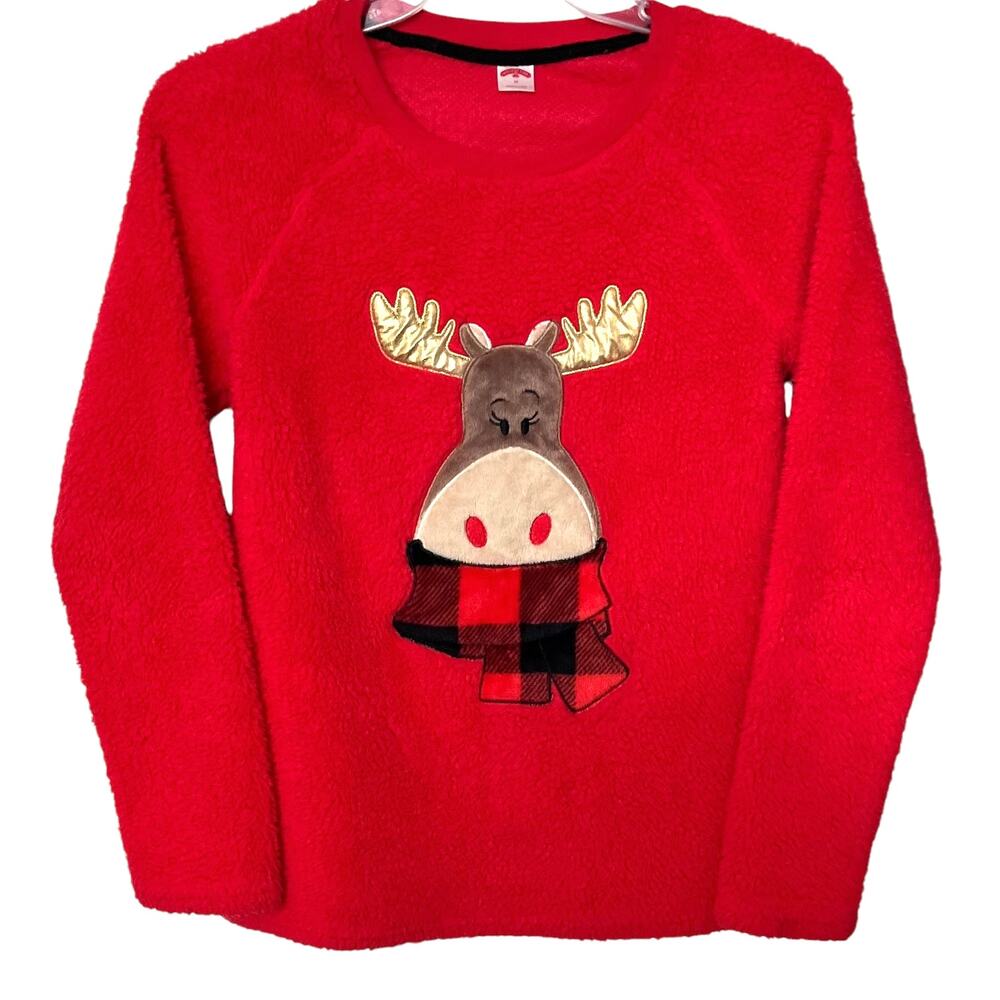 HOLIDAY TIME LONG SLV PULL-OVER ROUND NECK TOP, WOMENS, M-RED W/GOLD BRN GRAPHIC